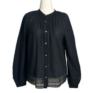J. Crew Point Sur Lace Peasant Top Boho Long Sleeve Windowpane Black Goth Size M